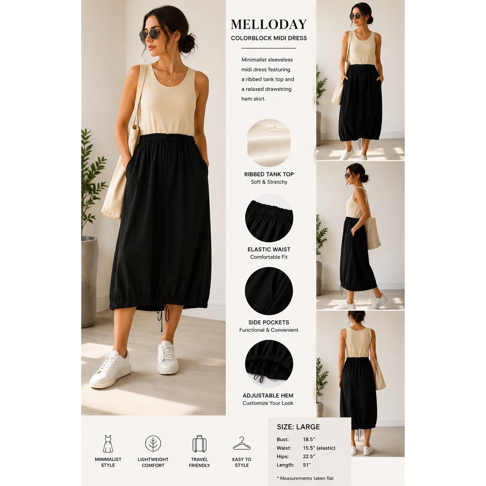 Melloday Womens Colorblock Midi Dress Cream Black Ribbed Tank Tencel Skirt Large